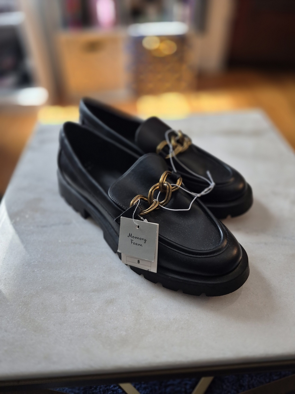 A New Day- Black Loafer with Gold Chain Accent - Memory Foam Comfort